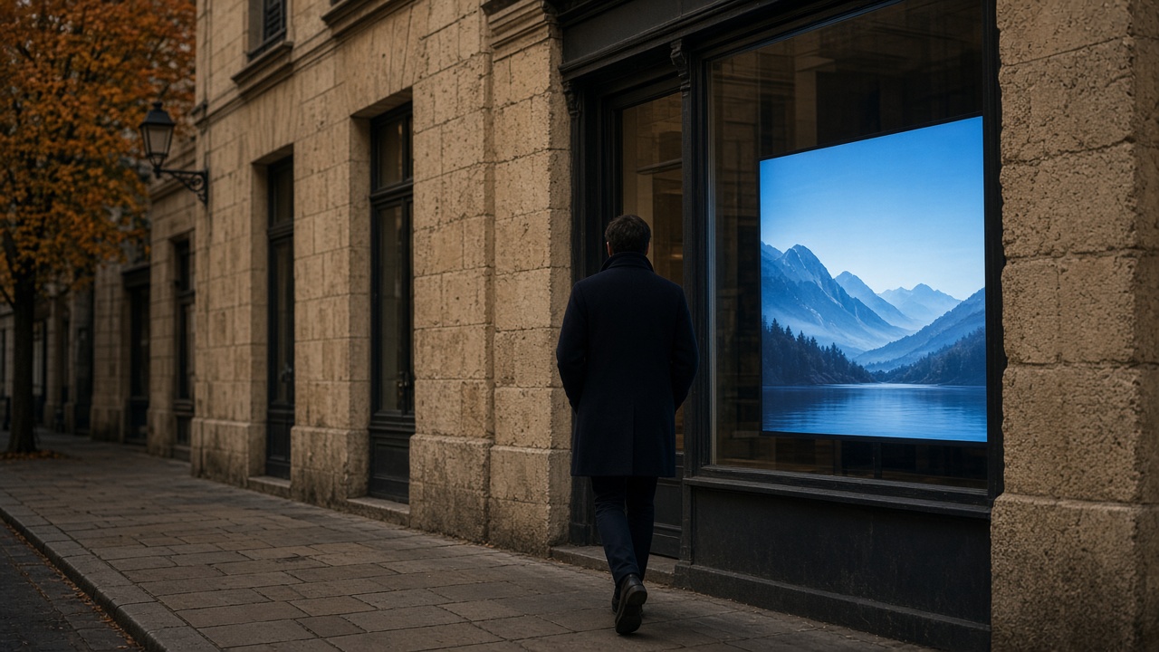 Passant devant une vitrine équipée d’un écran
