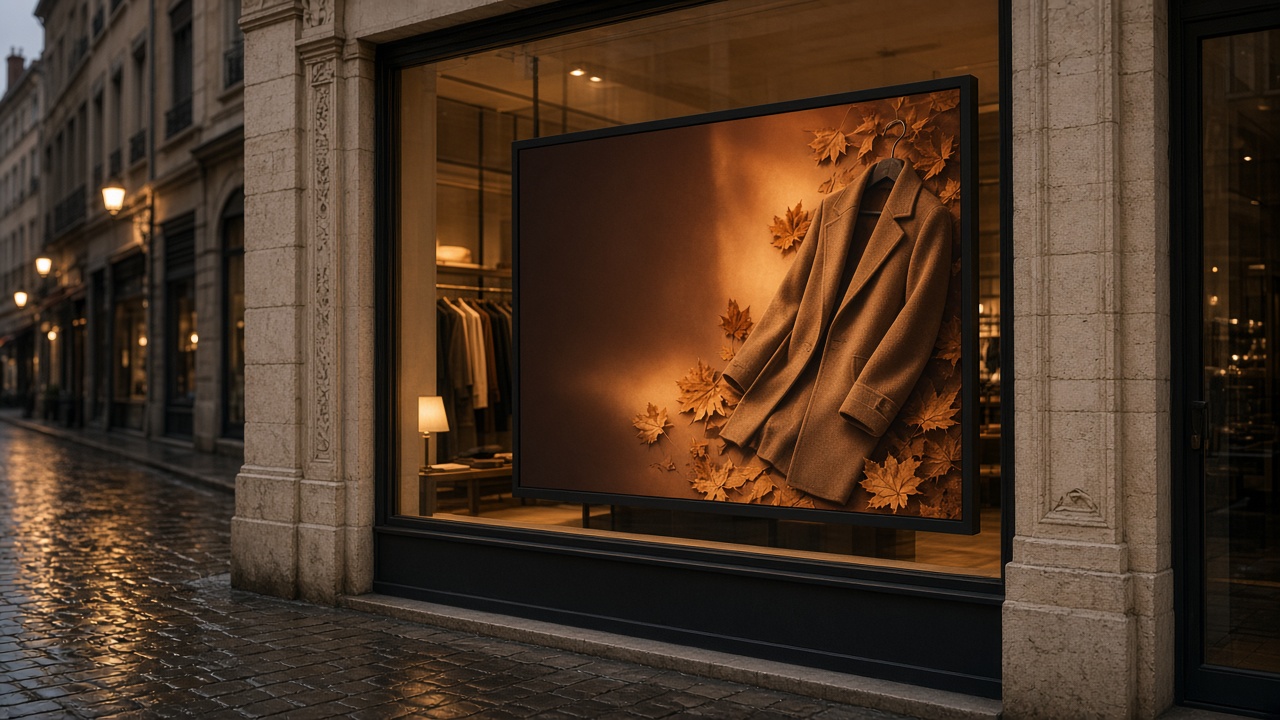 Vitrine d’une boutique : un écran 16:9 diffuse une scène d’automne créée dans Lumo Studio